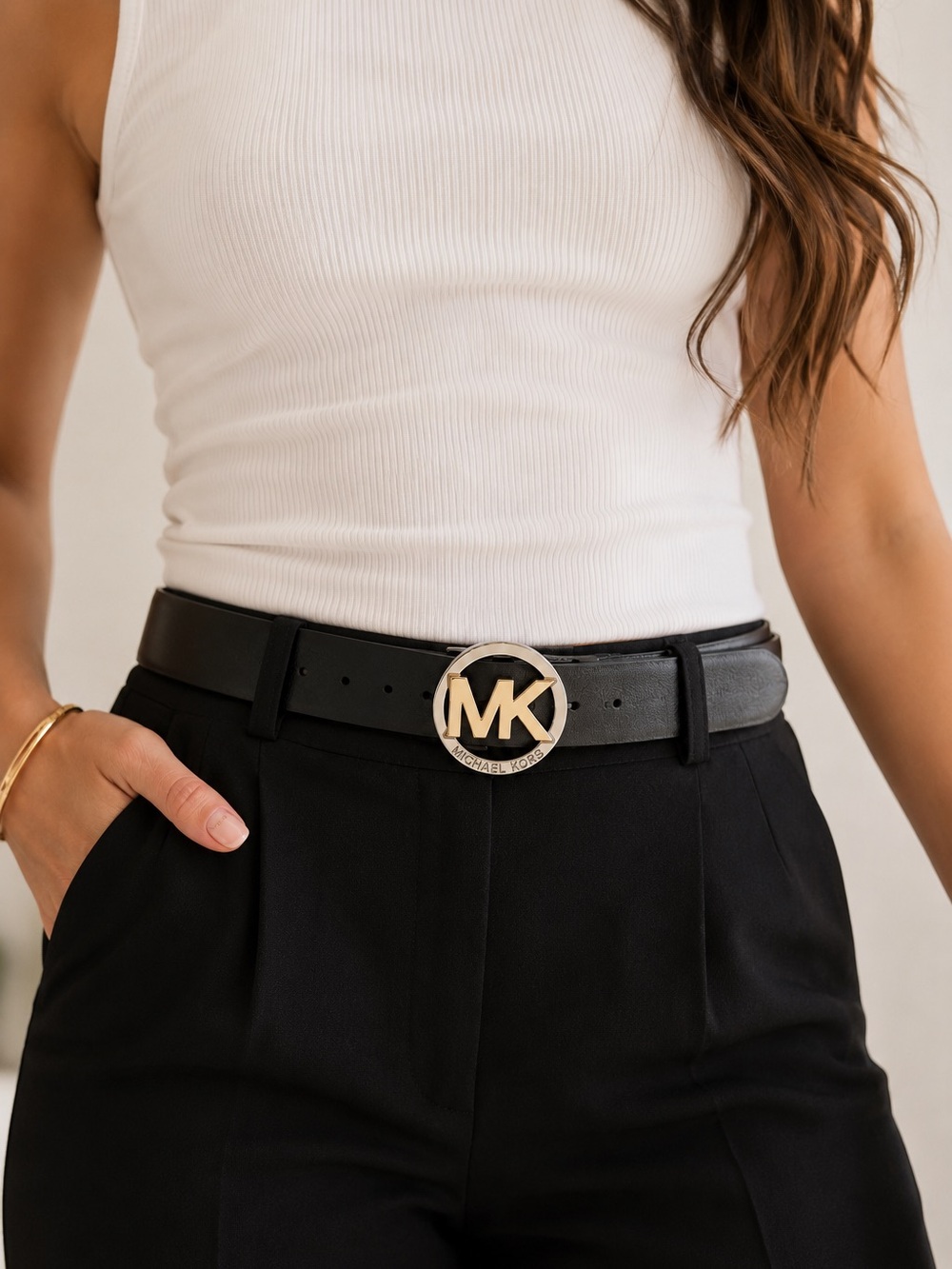 NWT Michael Kors Reversible Leather Belt Black Brown XL Two-Tone MK Logo Buckle